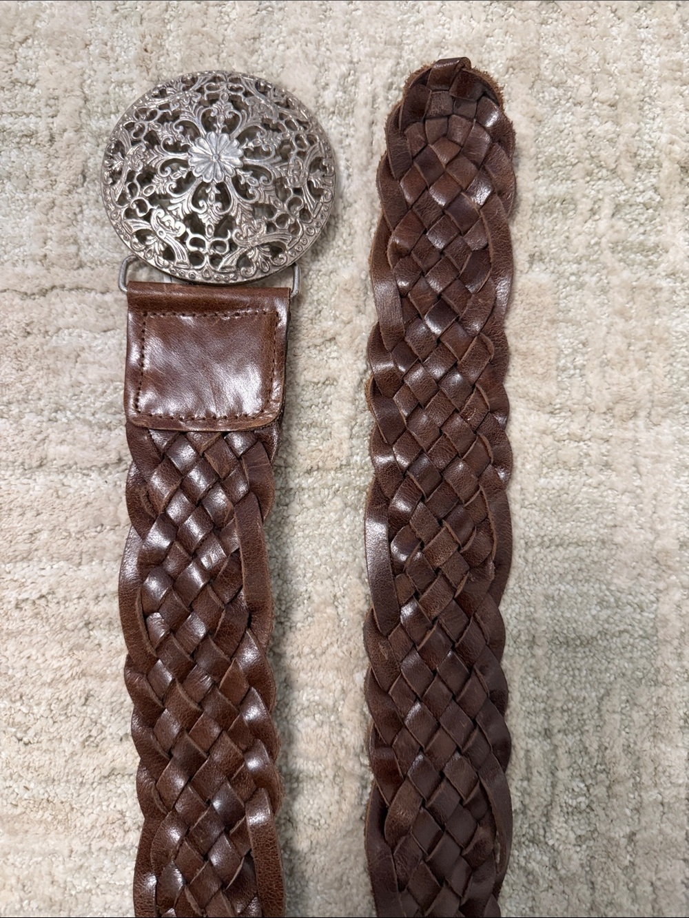 Jessica Simpson Braided Brown Leather Belt with Ornate Silver Buckle